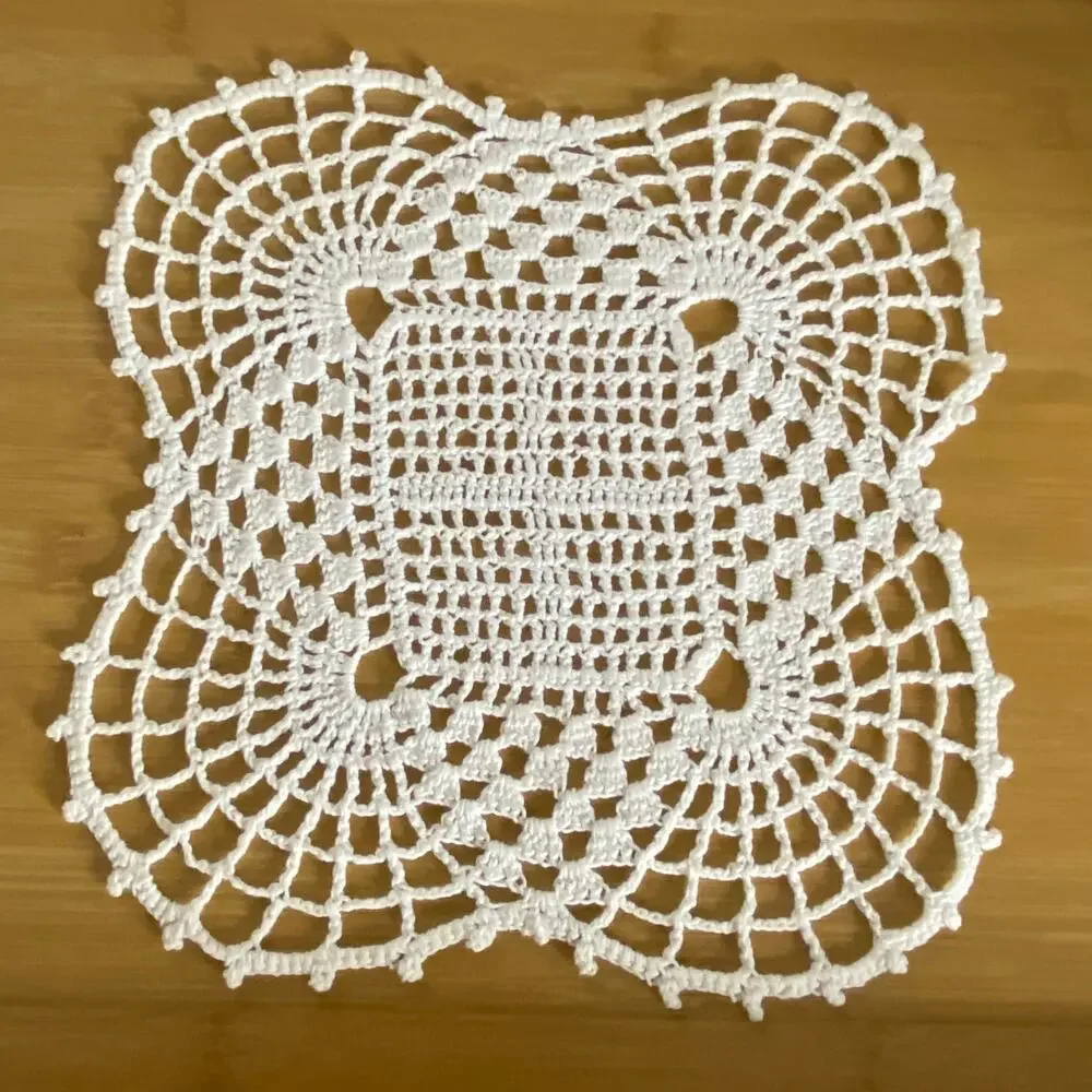 Vintage Handmade Crochet Pineapple Lace Square Doily 10in Cotton Farmhouse Decor